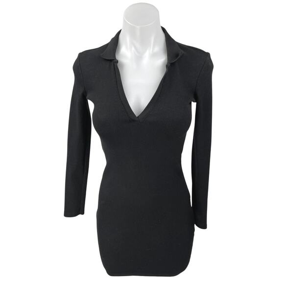 Zara Black Rib Knit Long Sleeve Collar V-Neck Mini Bodycon Polo Sweater Dress S - Picture 1 of 5